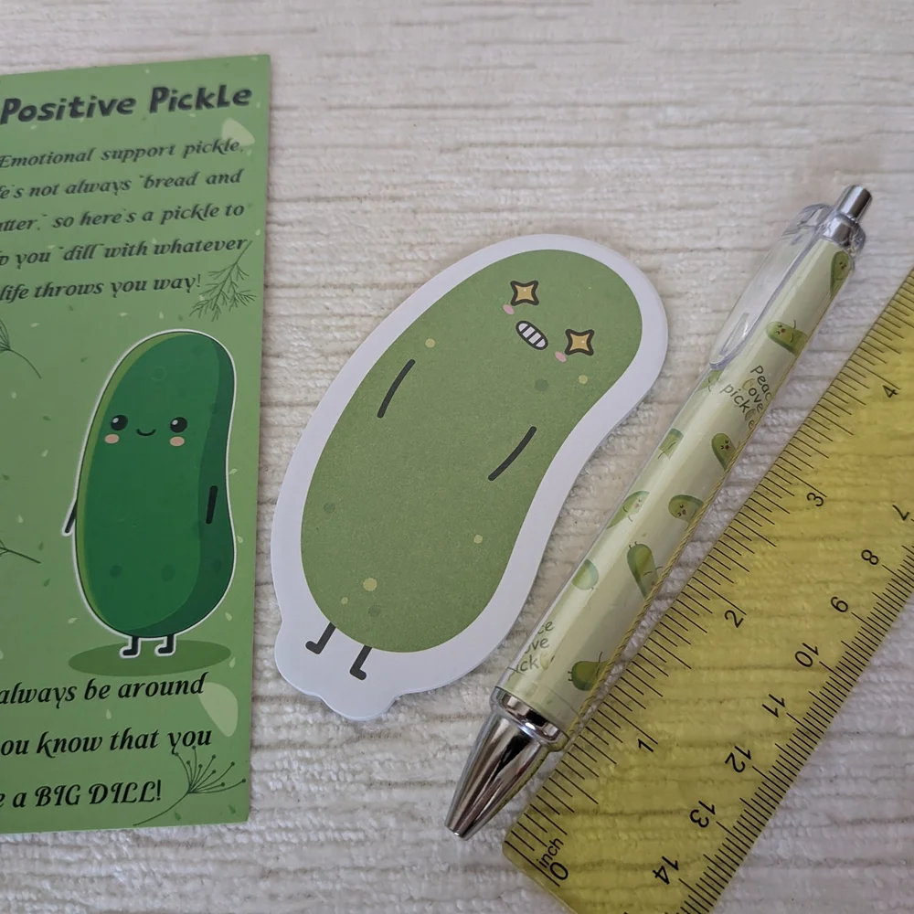 Pickle-Themed Pen Sets Qty 6, Bookmark, Pen, And  Stick Note Pad. 6 Designs
